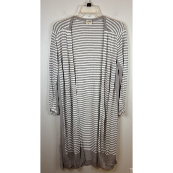SOMA Open Front Long Cardigan Duster Women Medium Gray Stripe Lightweight Preppy - Picture 2 of 9